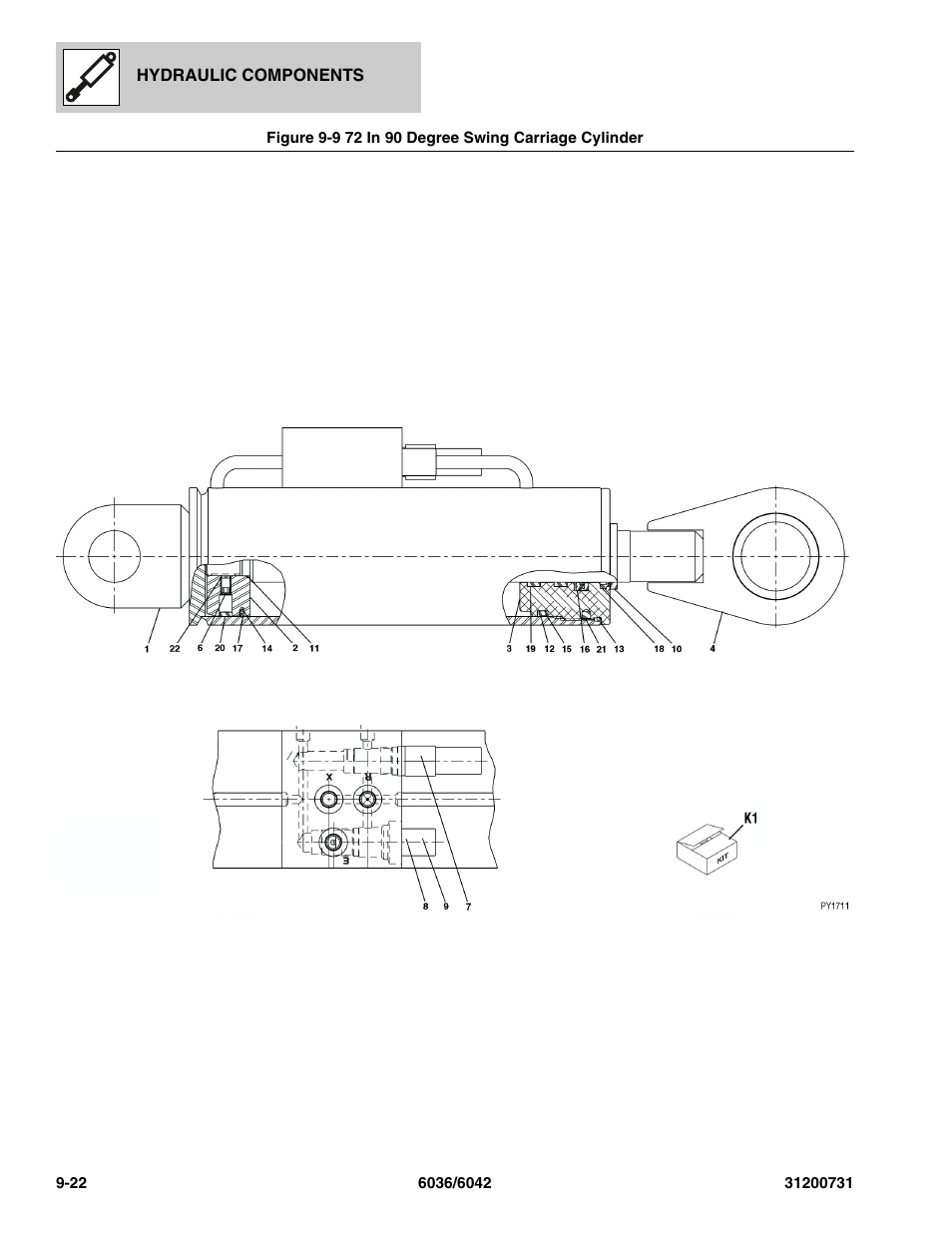 Figure 9-9 72 in 90 degree swing carriage cylinder, 72 in 90 degree swing carriage cylinder -22 | SkyTrak 6036 Parts Manual User Manual | Page 278 / 364