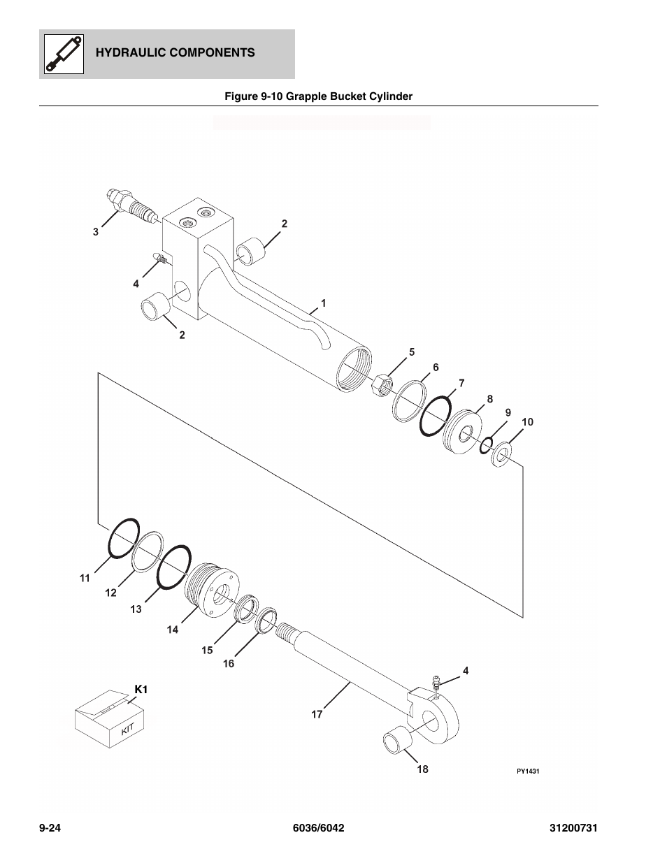 Figure 9-10 grapple bucket cylinder, Grapple bucket cylinder -24, Re, (see figure 9-10 for details) | D), (see figure 9-10 for details), See figure 9-10 for details), 1/4, (see figure 9-10 for details), 3/8, (see figure 9-10 for details), 90 degrees, (see figure 9-10 for details) | SkyTrak 6036 Parts Manual User Manual | Page 280 / 364