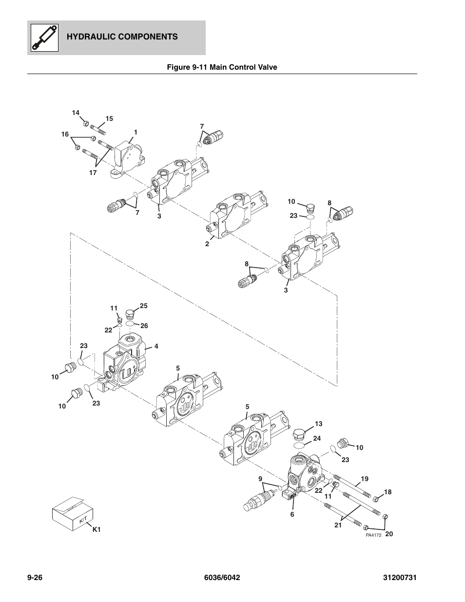 Figure 9-11 main control valve, Main control valve -26, Ve, (see figure 9-11 for details) | SkyTrak 6036 Parts Manual User Manual | Page 282 / 364