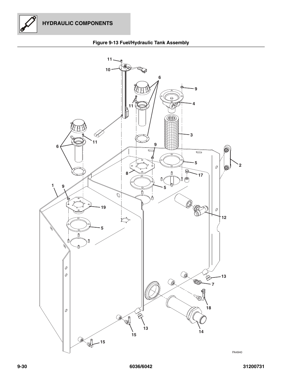 Figure 9-13 fuel/hydraulic tank assembly, Fuel/hydraulic tank assembly -30, N), (see figure 9-13 for details) | SkyTrak 6036 Parts Manual User Manual | Page 286 / 364