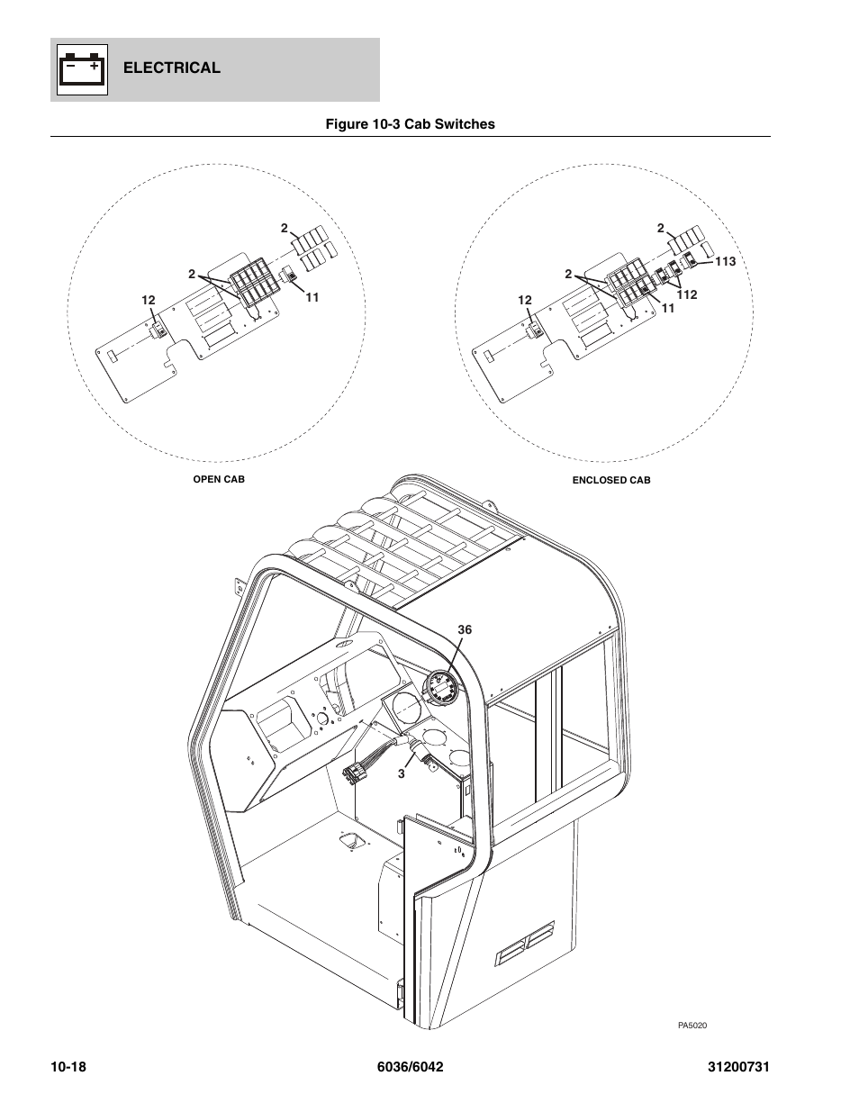 Figure 10-3 cab switches, Cab switches -18, Itch, (see figure 10-3 for details) | Asher switch, (see figure 10-3 for details) | SkyTrak 6036 Parts Manual User Manual | Page 312 / 364