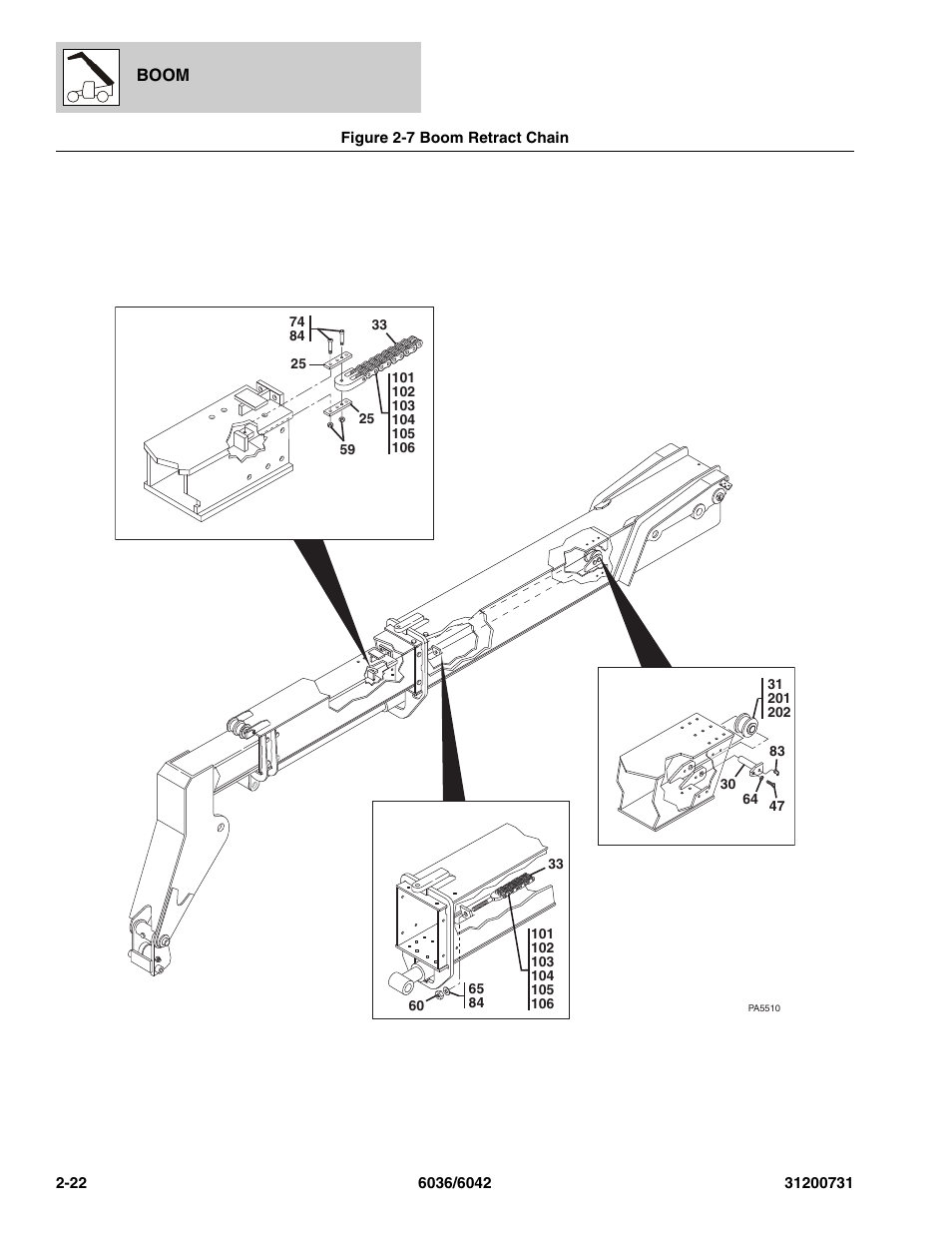 Figure 2-7 boom retract chain, Boom retract chain -22 | SkyTrak 6036 Parts Manual User Manual | Page 42 / 364