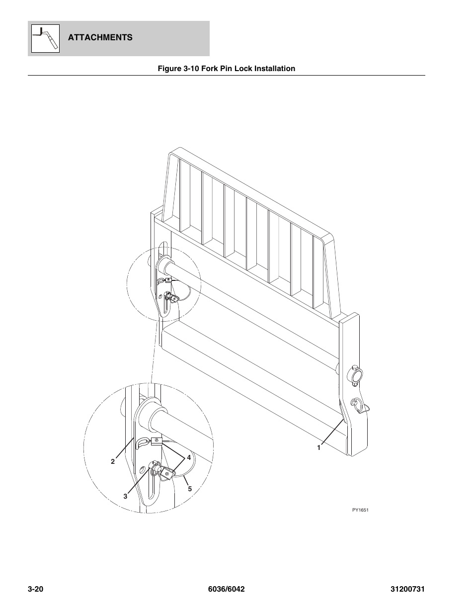 Figure 3-10 fork pin lock installation, Fork pin lock installation -20 | SkyTrak 6036 Parts Manual User Manual | Page 64 / 364