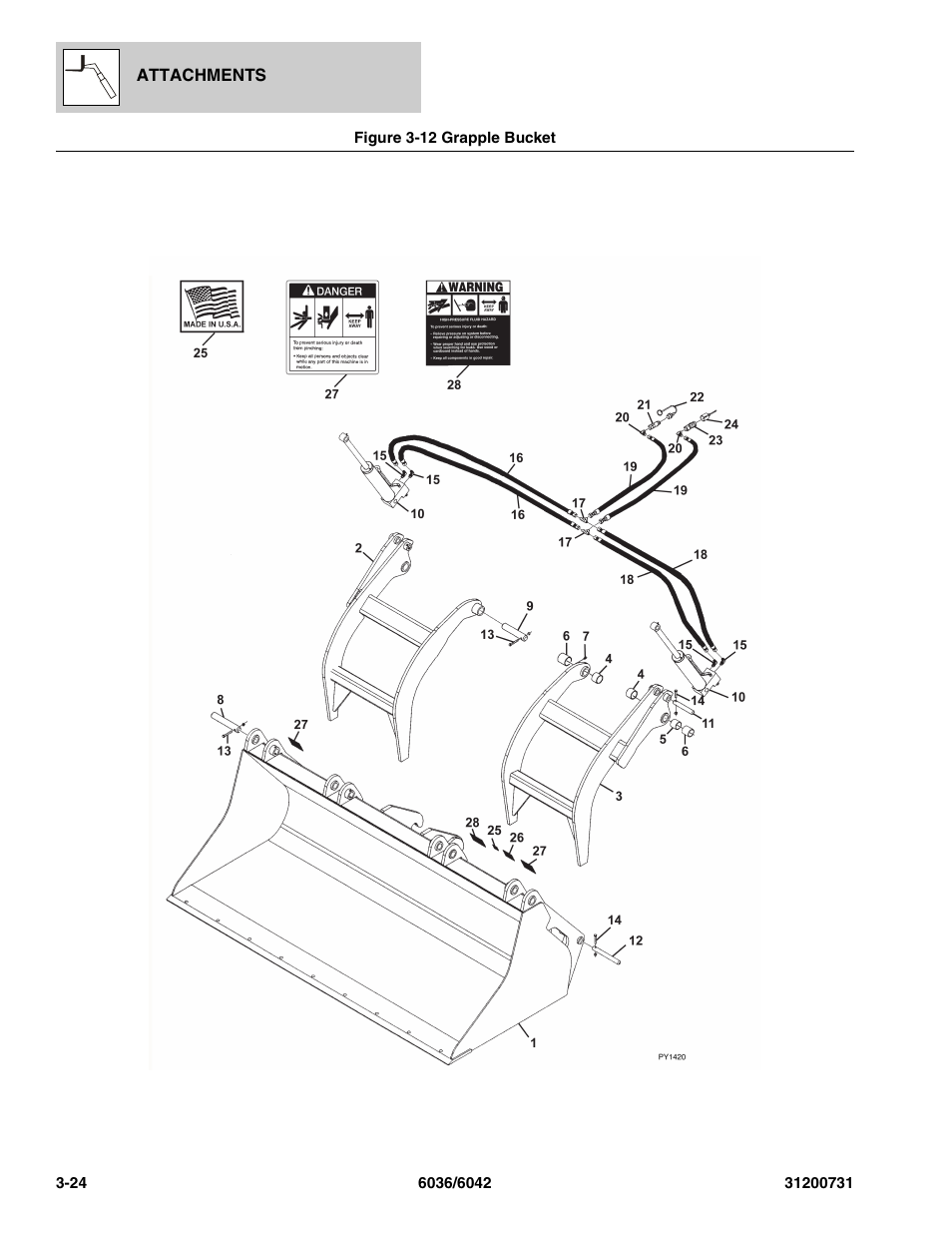 Figure 3-12 grapple bucket, Grapple bucket -24 | SkyTrak 6036 Parts Manual User Manual | Page 68 / 364