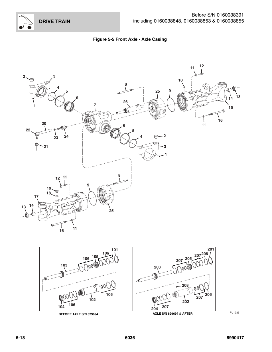 Figure 5-5 front axle - axle casing, Front axle - axle casing -18, Axle | Casing, See figure 5-5 for details) | SkyTrak 6036 Parts Manual User Manual | Page 156 / 462