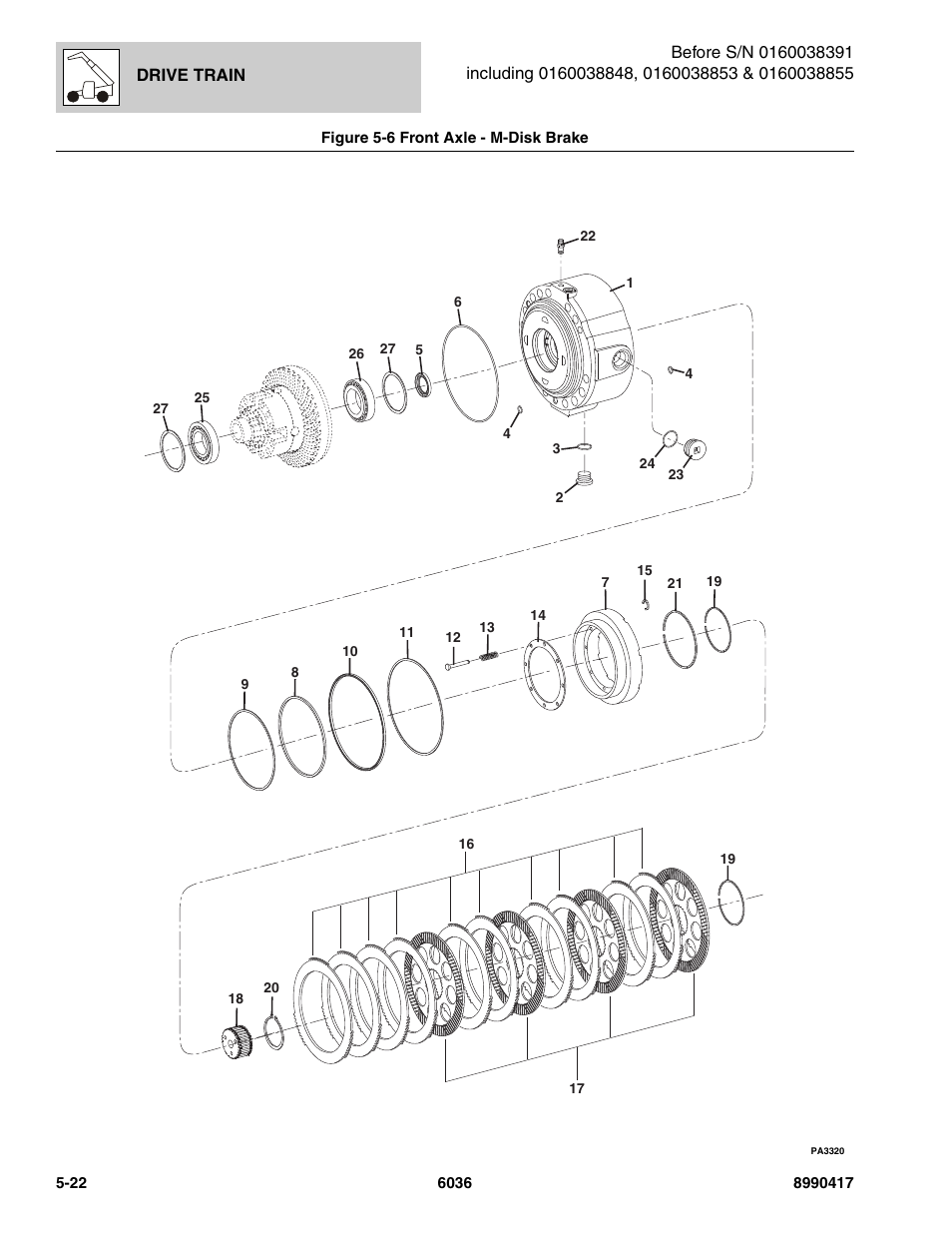 Figure 5-6 front axle - m-disk brake, Front axle - m-disk brake -22, M-disk brake, (see figure 5-6 for details) | SkyTrak 6036 Parts Manual User Manual | Page 160 / 462