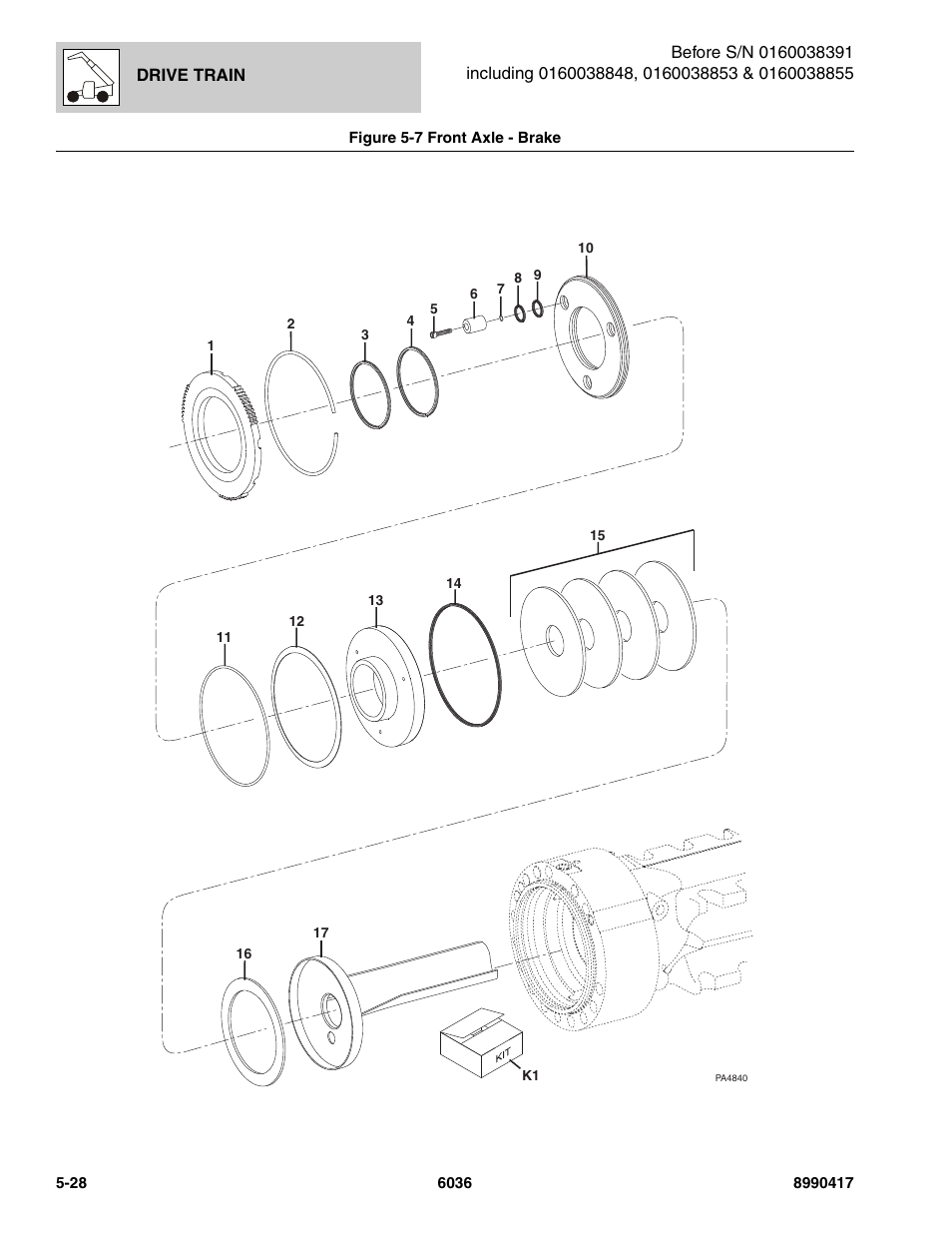 Figure 5-7 front axle - brake, Front axle - brake -28, Rake | See figure 5-7 for details) | SkyTrak 6036 Parts Manual User Manual | Page 166 / 462