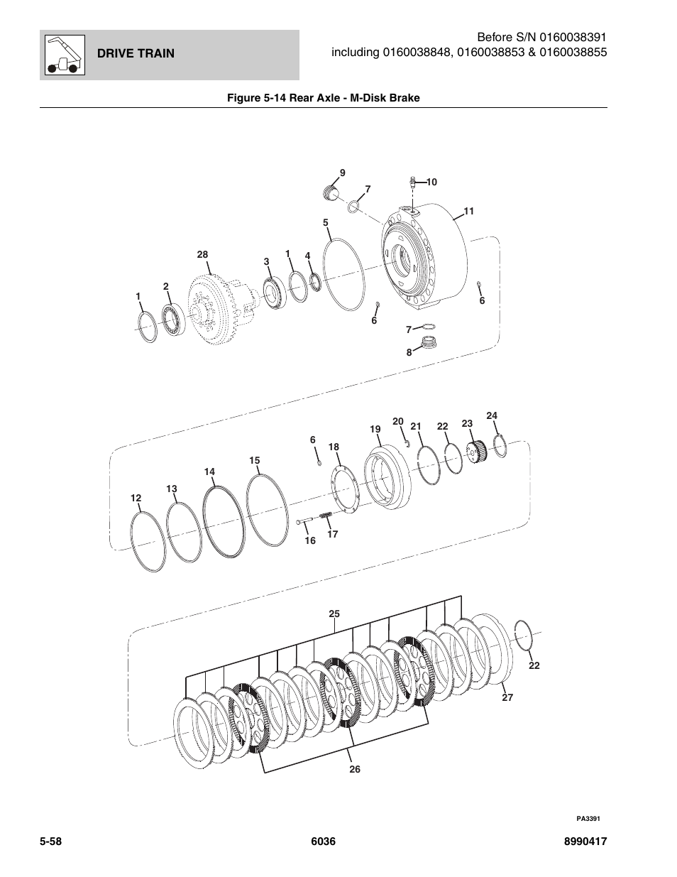 Figure 5-14 rear axle - m-disk brake, Rear axle - m-disk brake -58, M-disk brake, (see figure 5-14 for details) | SkyTrak 6036 Parts Manual User Manual | Page 196 / 462
