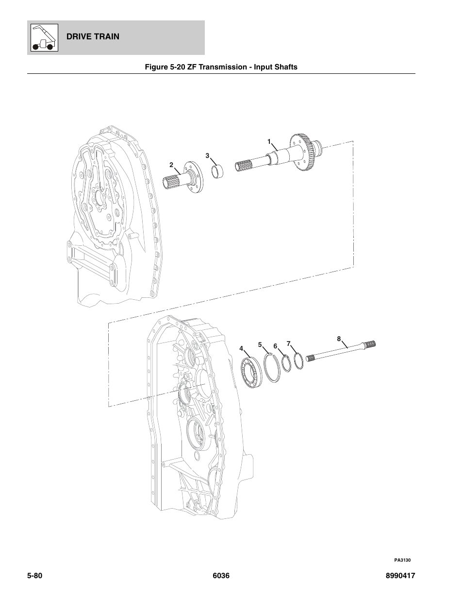 Figure 5-20 zf transmission - input shafts, Zf transmission - input shafts -80, Nput shafts, (see figure 5-20 for details) | SkyTrak 6036 Parts Manual User Manual | Page 218 / 462
