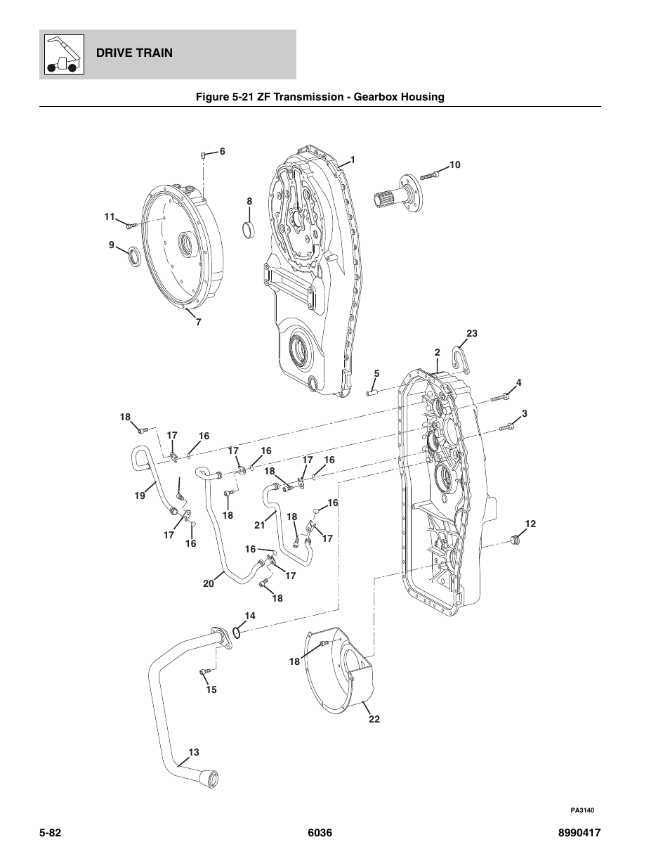 Figure 5-21 zf transmission - gearbox housing, Zf transmission - gearbox housing -82, X housing, (see figure 5-21 for details) | SkyTrak 6036 Parts Manual User Manual | Page 220 / 462