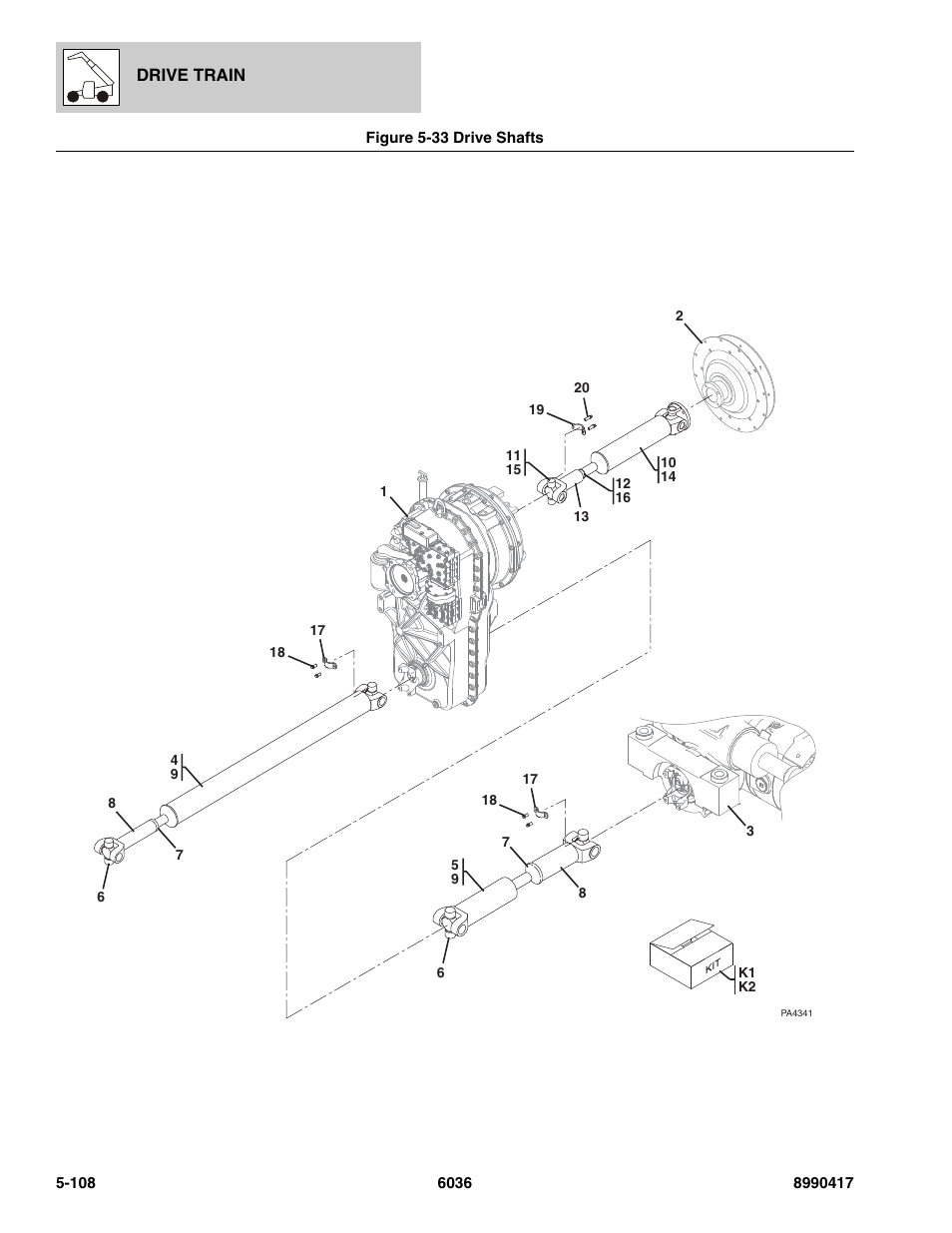 Figure 5-33 drive shafts, Drive shafts -108, Drive shafts, (see figure 5-33 for details) | SkyTrak 6036 Parts Manual User Manual | Page 246 / 462