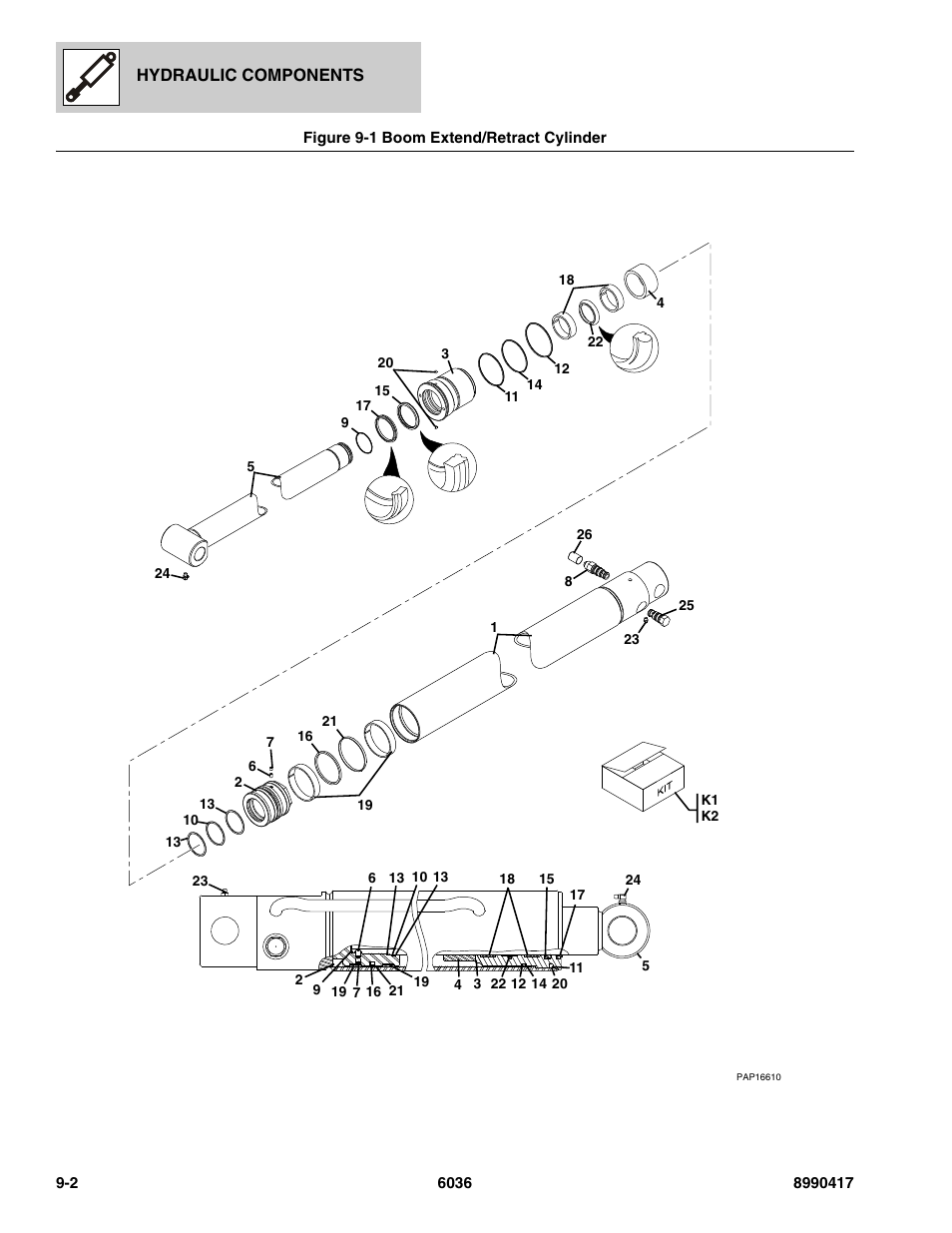 Figure 9-1 boom extend/retract cylinder, Boom extend/retract cylinder -2, T cylinder, (see figure 9-1 for details) | SkyTrak 6036 Parts Manual User Manual | Page 344 / 462