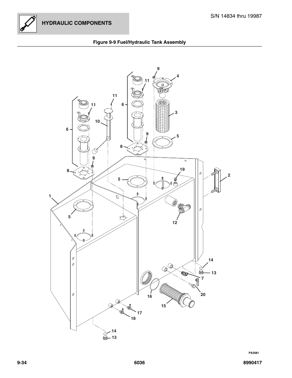 Figure 9-9 fuel/hydraulic tank assembly, Fuel/hydraulic tank assembly -34, Nk assy, (see figure 9-9 for details) | Assy, (see figure 9-9 for details) | SkyTrak 6036 Parts Manual User Manual | Page 376 / 462