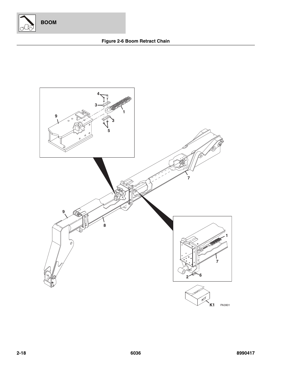 Figure 2-6 boom retract chain, Boom retract chain -18 | SkyTrak 6036 Parts Manual User Manual | Page 38 / 462