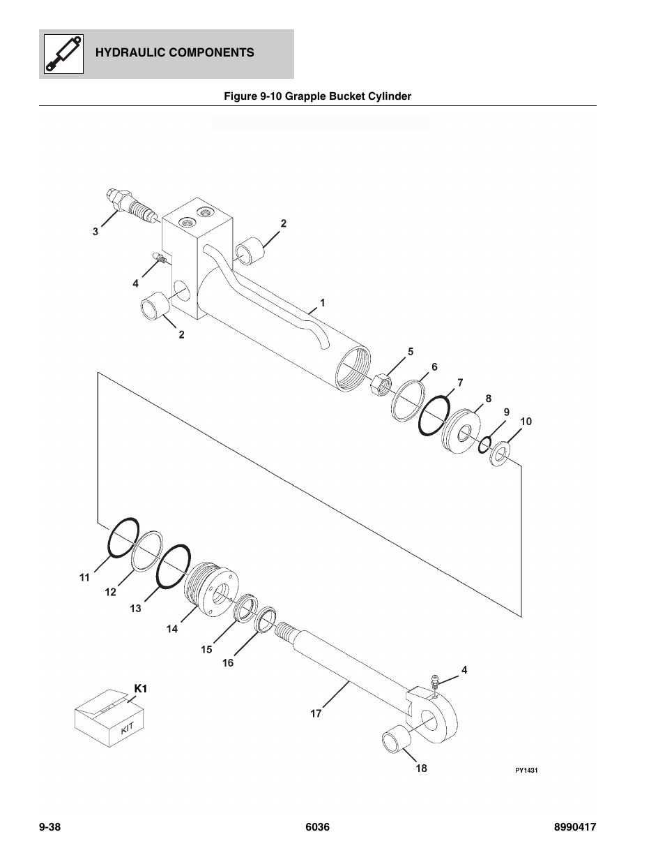 Figure 9-10 grapple bucket cylinder, Grapple bucket cylinder -38 | SkyTrak 6036 Parts Manual User Manual | Page 380 / 462