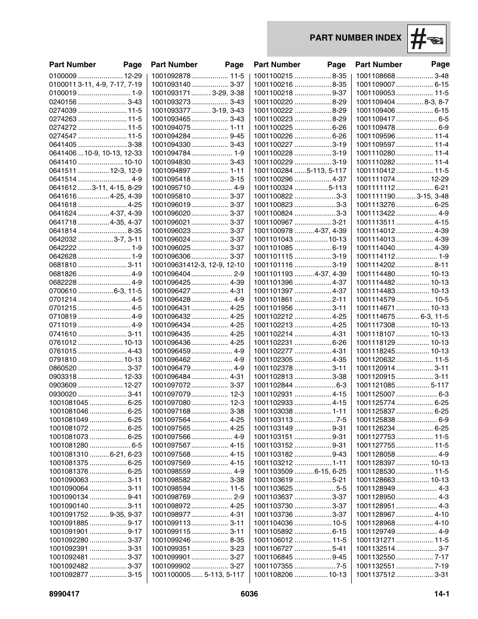 Part number index, Section 14 – part number index -1 | SkyTrak 6036 Parts Manual User Manual | Page 449 / 462