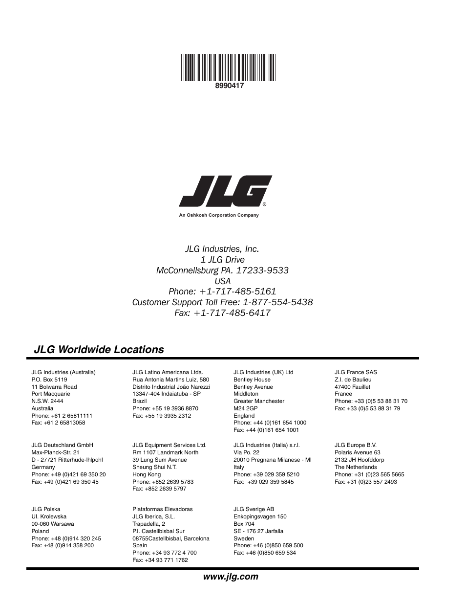 Jlg worldwide locations | SkyTrak 6036 Parts Manual User Manual | Page 462 / 462