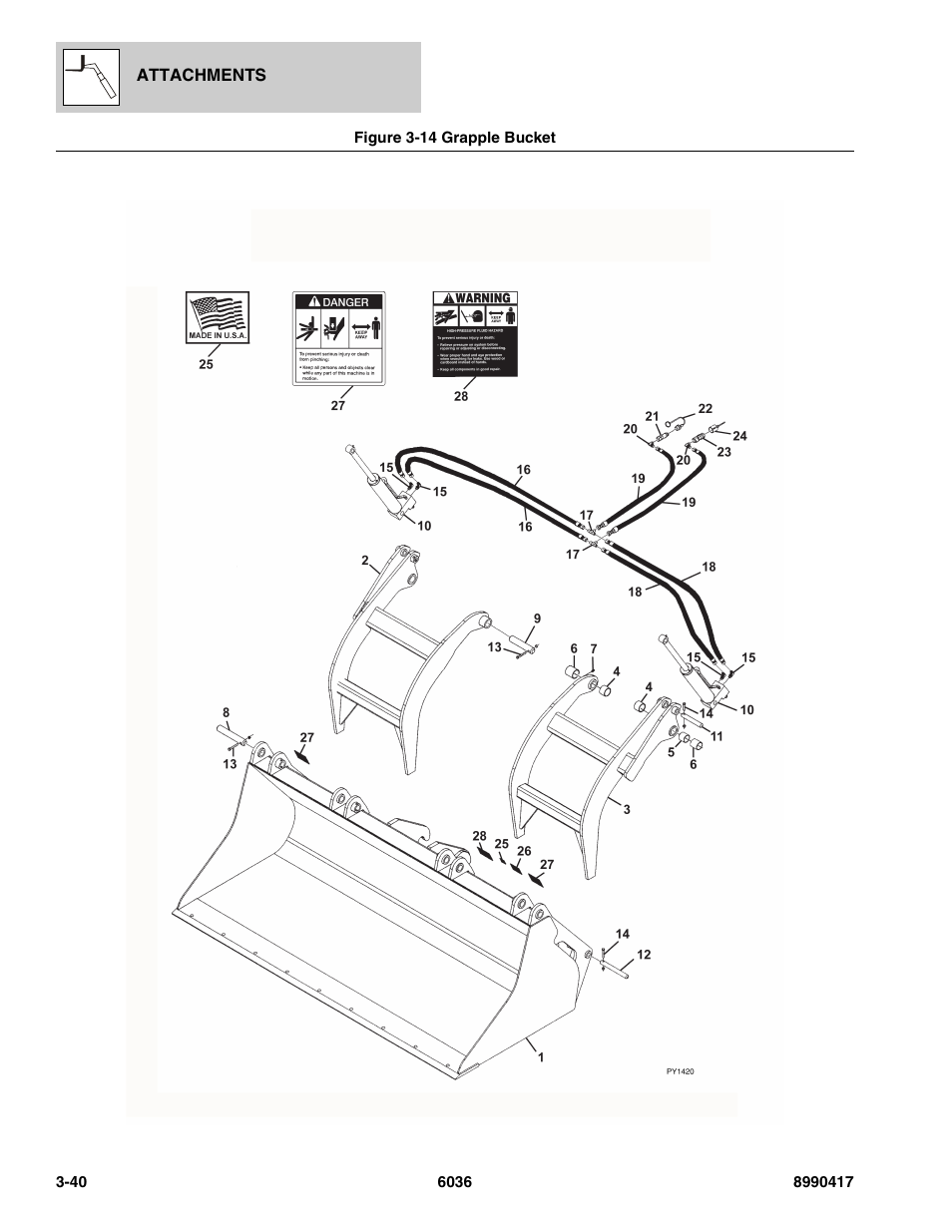 Figure 3-14 grapple bucket, Grapple bucket -40 | SkyTrak 6036 Parts Manual User Manual | Page 80 / 462