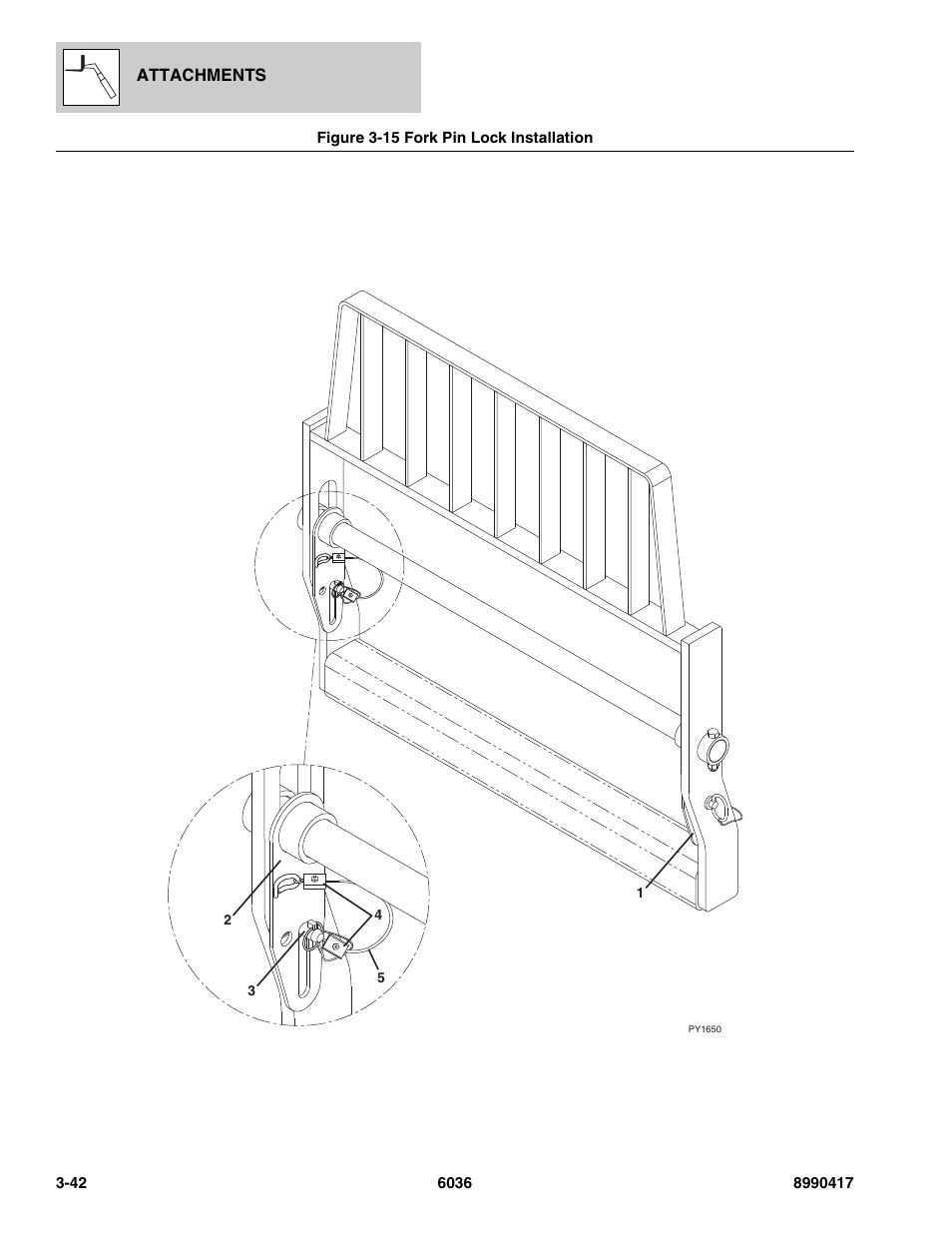 Figure 3-15 fork pin lock installation, Fork pin lock installation -42 | SkyTrak 6036 Parts Manual User Manual | Page 82 / 462