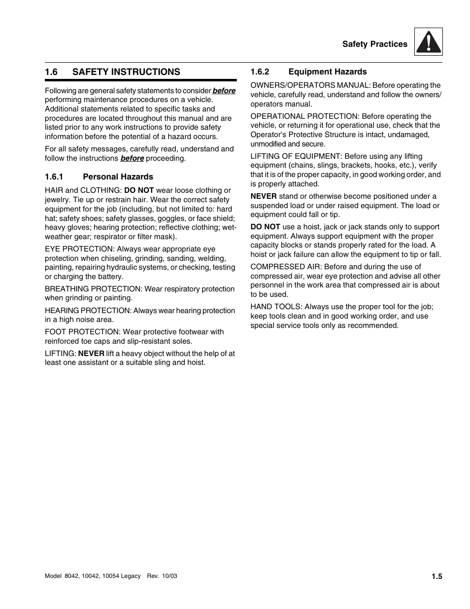 6 safety instructions, 1 personal hazards, 2 equipment hazards | Safety instructions, Personal hazards, Equipment hazards | SkyTrak 8042 Service Manual User Manual | Page 10 / 906