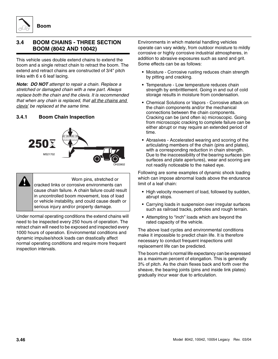 1 boom chain inspection, Boom chains - three section boom (8042 and 10042), Boom chain inspection | Warning | SkyTrak 8042 Service Manual User Manual | Page 107 / 906
