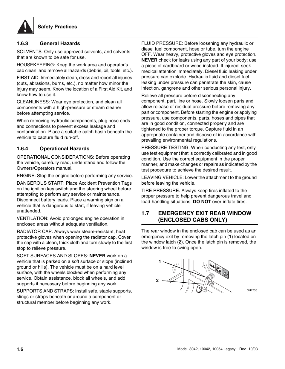 3 general hazards, 4 operational hazards, 7 emergency exit rear window (enclosed cabs only) | Emergency exit rear window (enclosed cabs only), General hazards, Operational hazards | SkyTrak 8042 Service Manual User Manual | Page 11 / 906