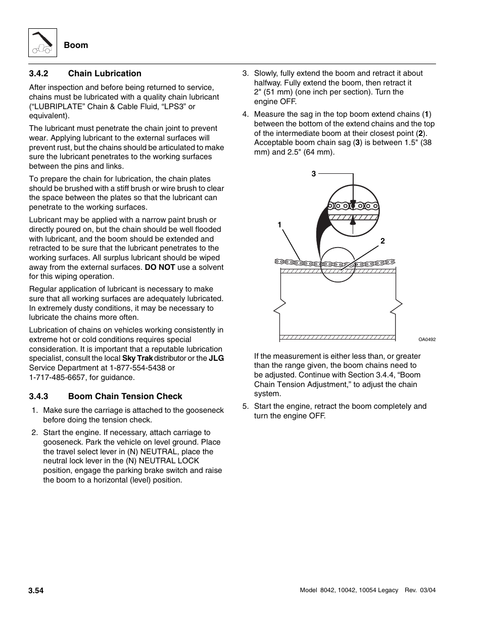 2 chain lubrication, 3 boom chain tension check, Chain lubrication | Boom chain tension check, To section 3.4.2, “chain lubrication, To section 3.4.2, “chain lubrication.”), Section 3.4.3 | SkyTrak 8042 Service Manual User Manual | Page 115 / 906