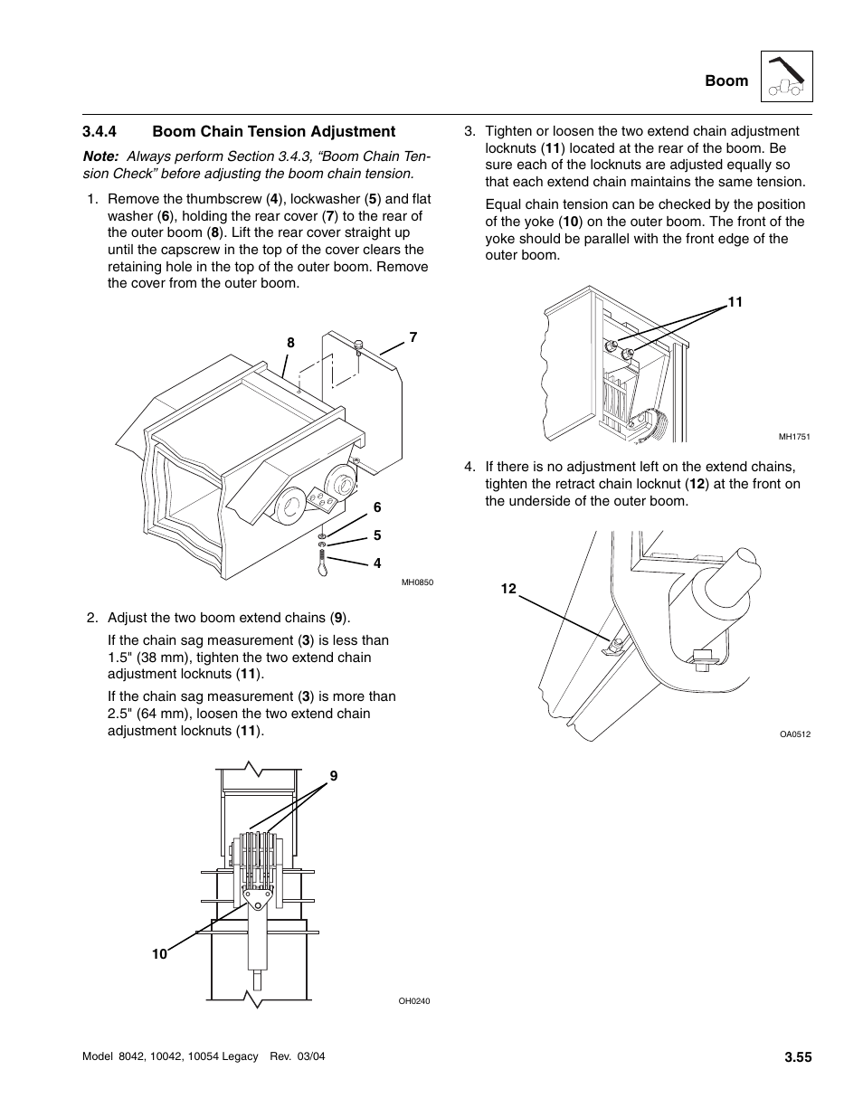 4 boom chain tension adjustment, Boom chain tension adjustment, Section 3.4.4, “boom chain tension adjustment | SkyTrak 8042 Service Manual User Manual | Page 116 / 906