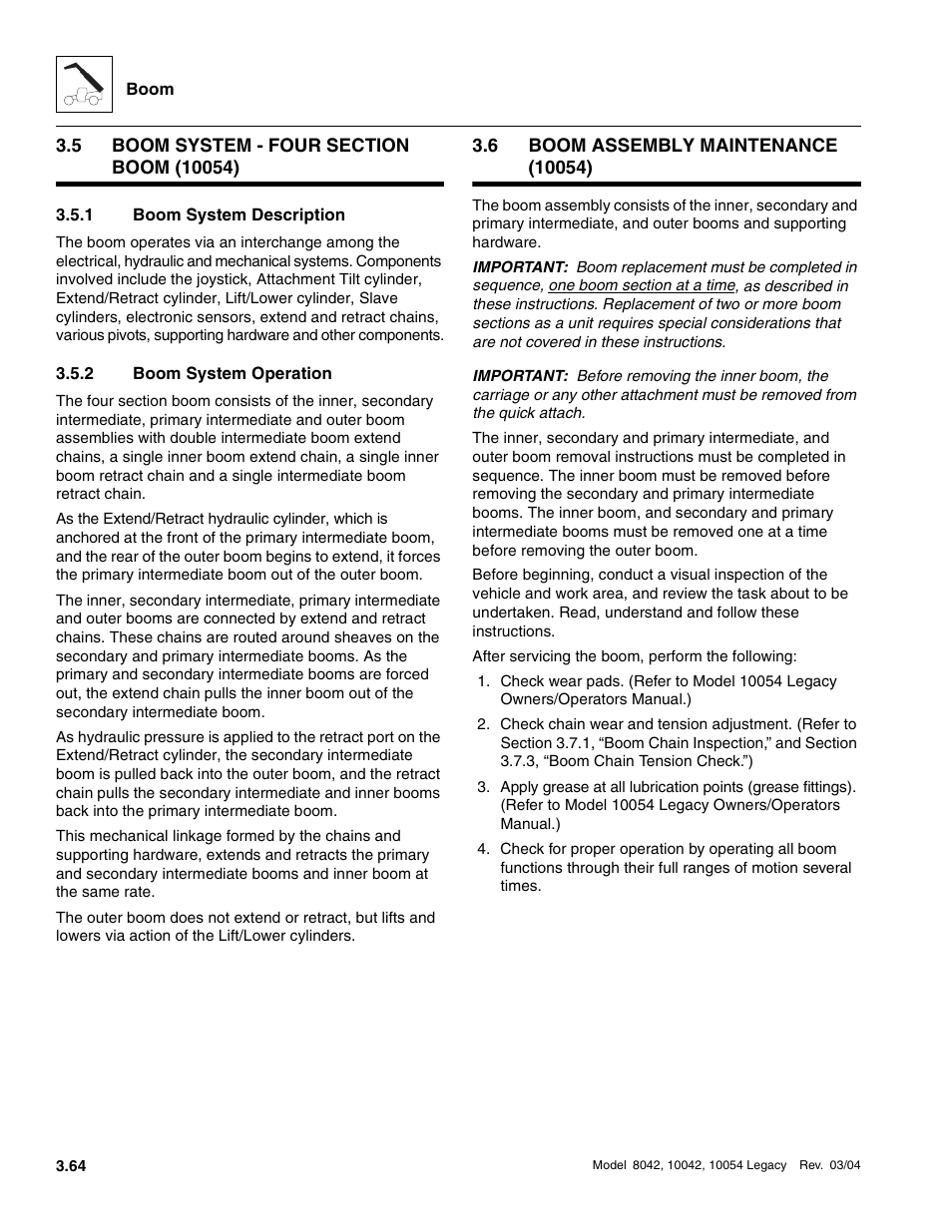 5 boom system - four section boom (10054), 1 boom system description, 2 boom system operation | 6 boom assembly maintenance (10054), Boom system - four section boom (10054), Boom assembly maintenance (10054), Boom system description, Boom system operation | SkyTrak 8042 Service Manual User Manual | Page 125 / 906