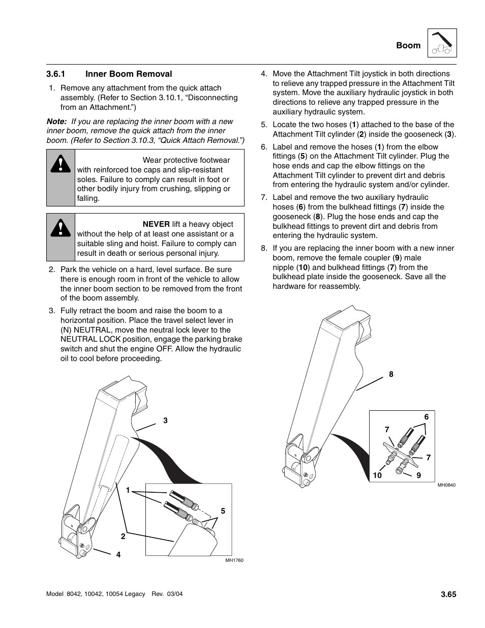 1 inner boom removal, Inner boom removal, Warning | SkyTrak 8042 Service Manual User Manual | Page 126 / 906
