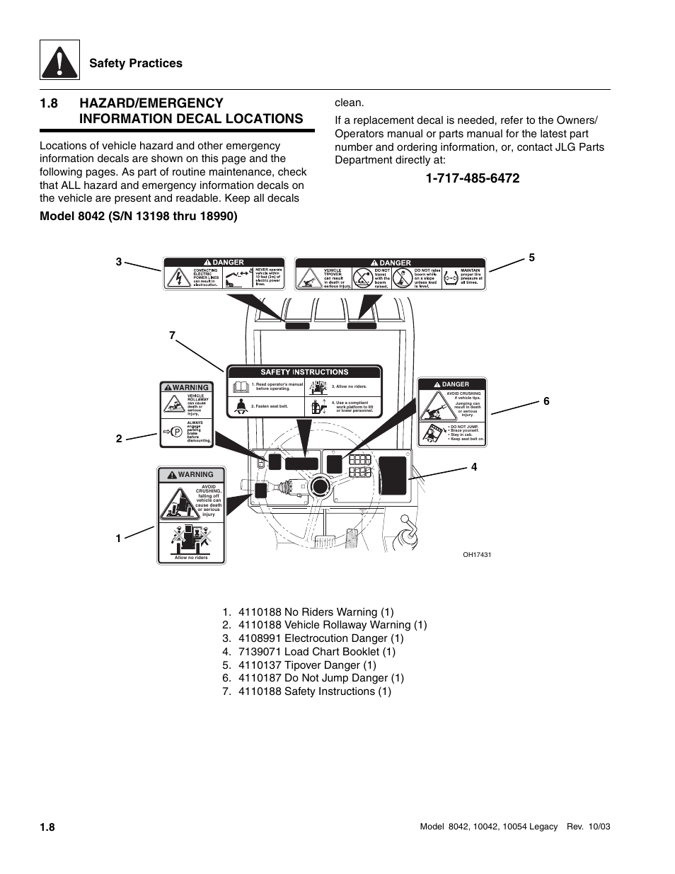8 hazard/emergency information decal locations, Hazard/emergency information decal locations, Safety practices | SkyTrak 8042 Service Manual User Manual | Page 13 / 906