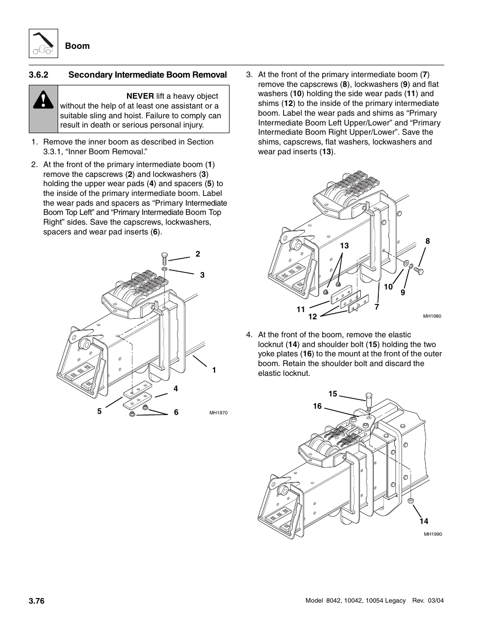 2 secondary intermediate boom removal, Secondary intermediate boom removal, Warning | SkyTrak 8042 Service Manual User Manual | Page 137 / 906