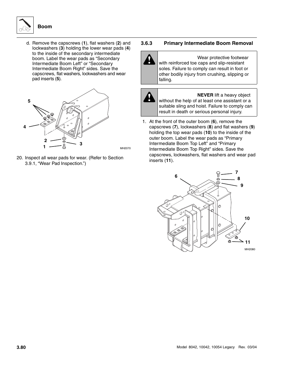 3 primary intermediate boom removal, Primary intermediate boom removal, Warning | SkyTrak 8042 Service Manual User Manual | Page 141 / 906