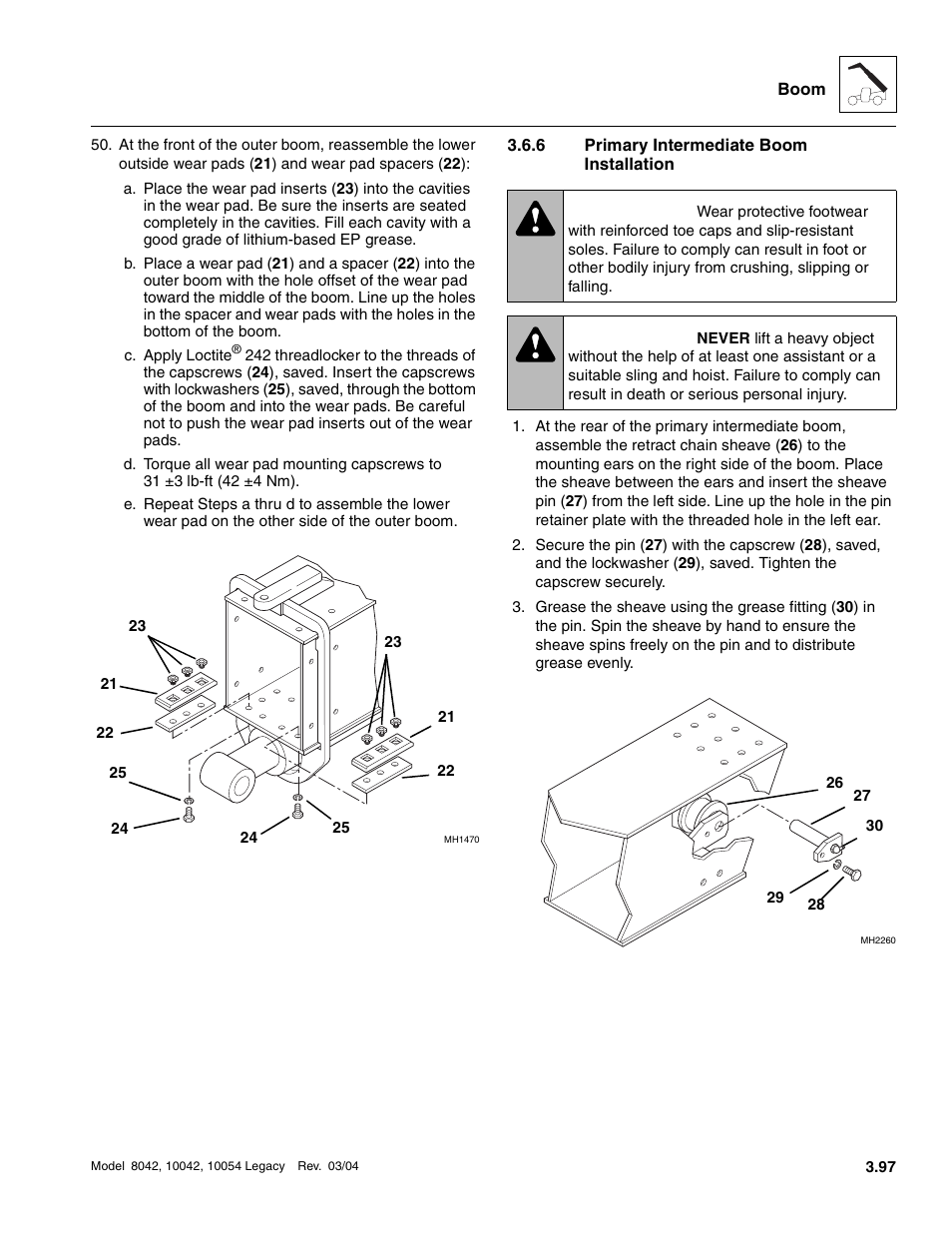 6 primary intermediate boom installation, Primary intermediate boom installation, Warning | SkyTrak 8042 Service Manual User Manual | Page 158 / 906