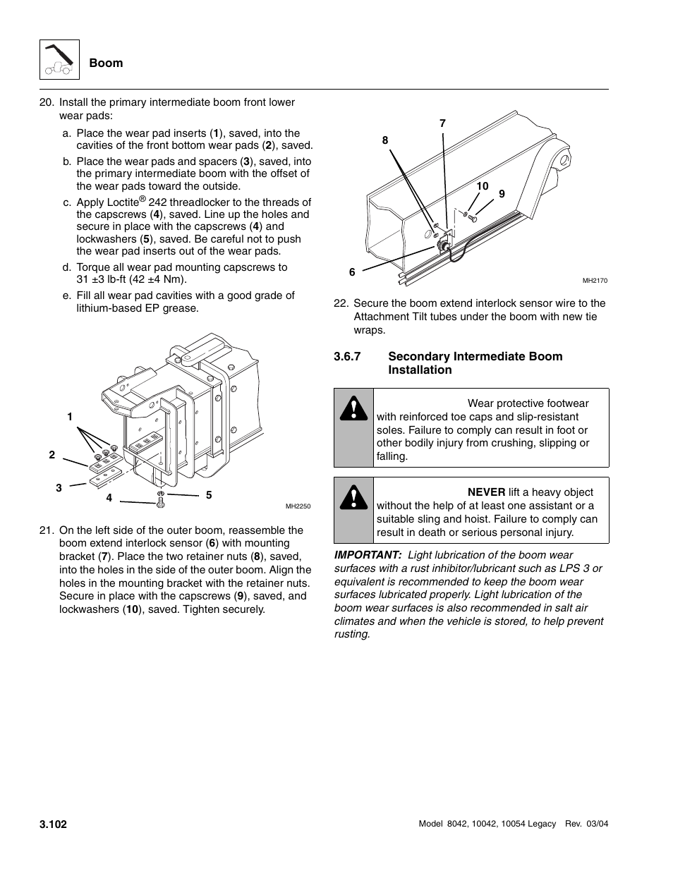 7 secondary intermediate boom installation, Secondary intermediate boom installation, Warning | SkyTrak 8042 Service Manual User Manual | Page 163 / 906
