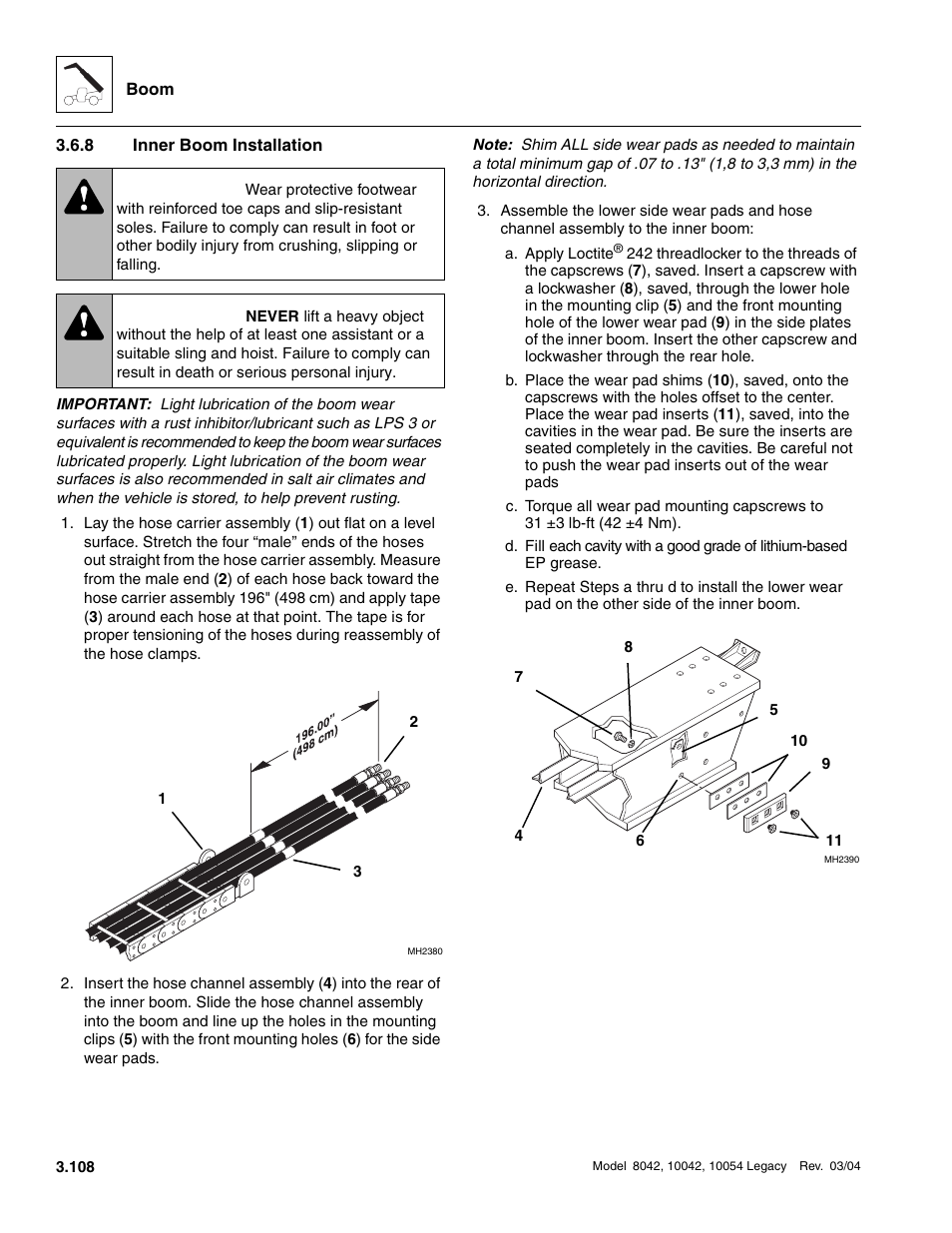 8 inner boom installation, Inner boom installation, Warning | SkyTrak 8042 Service Manual User Manual | Page 169 / 906