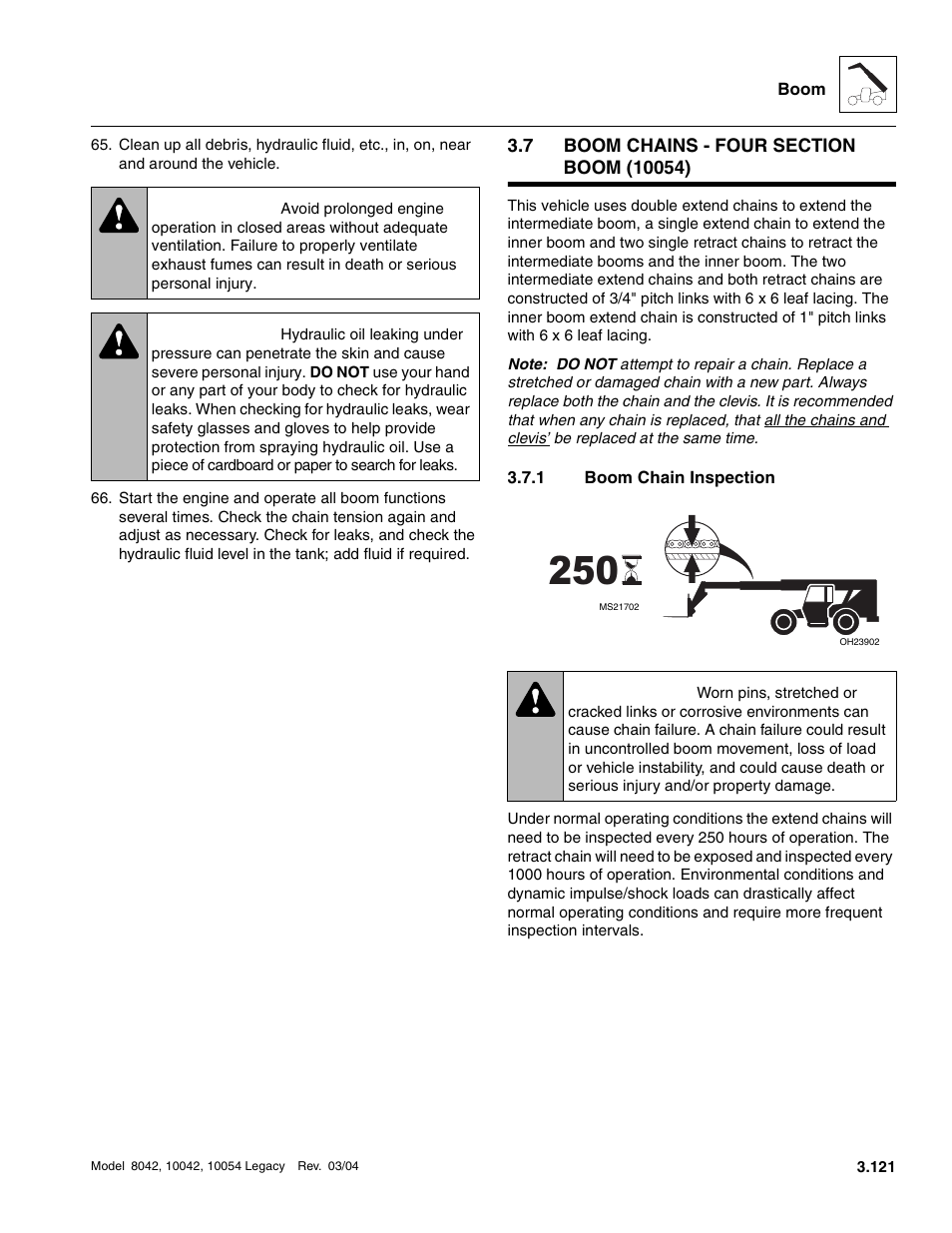 7 boom chains - four section boom (10054), 1 boom chain inspection, Boom chains - four section boom (10054) | Boom chains - four section boom (10054) 3.7.1, Boom chain inspection, Warning | SkyTrak 8042 Service Manual User Manual | Page 182 / 906