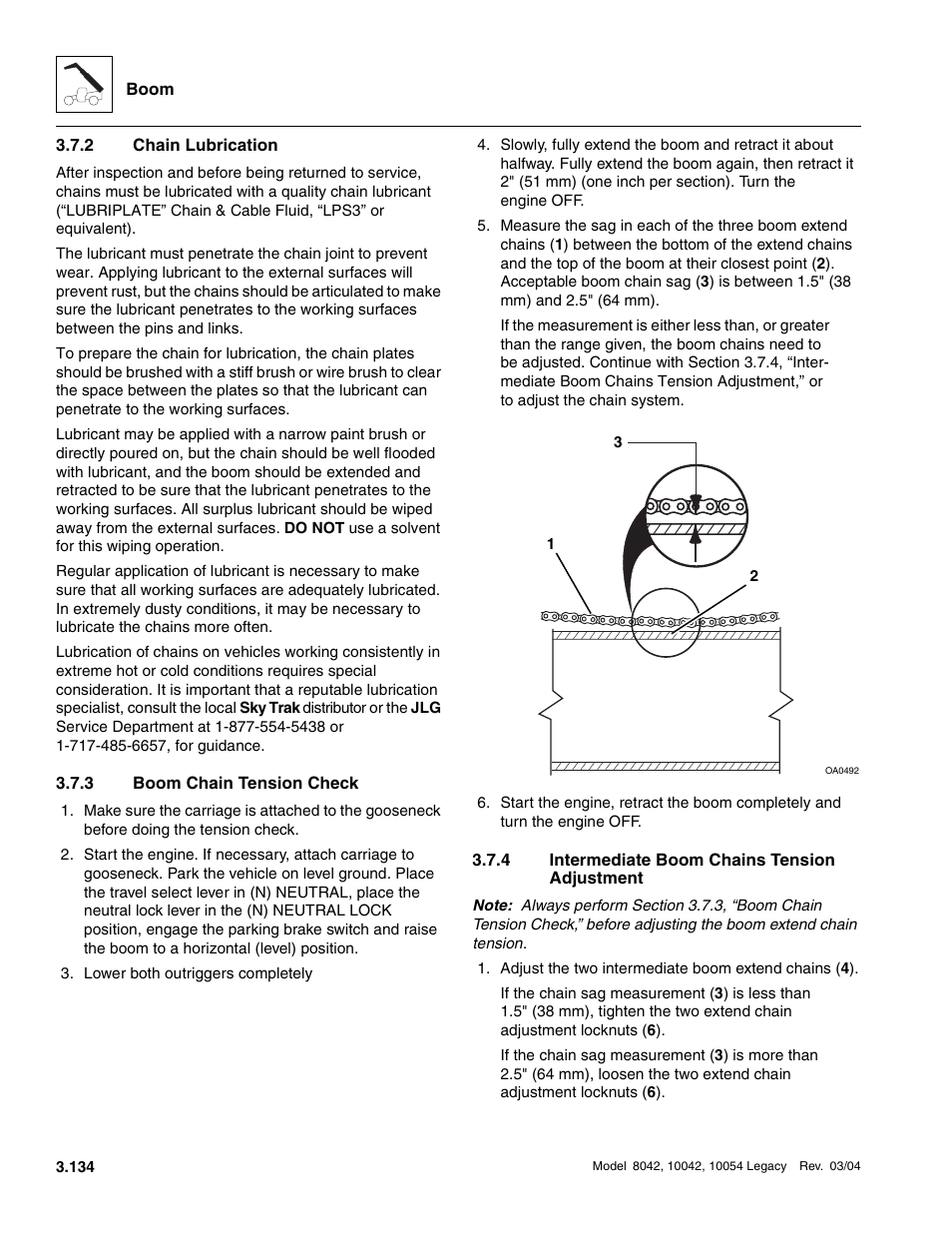 2 chain lubrication, 3 boom chain tension check, 4 intermediate boom chains tension adjustment | Chain lubrication, Boom chain tension check, Intermediate boom chains tension adjustment, To section 3.7.2, “chain lubrication.”), Section 3.7.2, “chain lubrication, To section 3.7.3, Section 3.7.3 | SkyTrak 8042 Service Manual User Manual | Page 195 / 906
