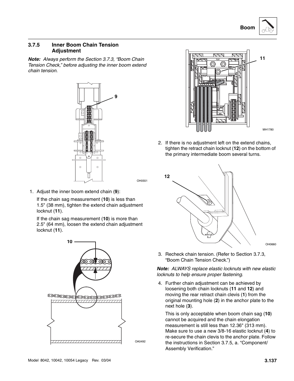 5 inner boom chain tension adjustment, Inner boom chain tension adjustment | SkyTrak 8042 Service Manual User Manual | Page 198 / 906