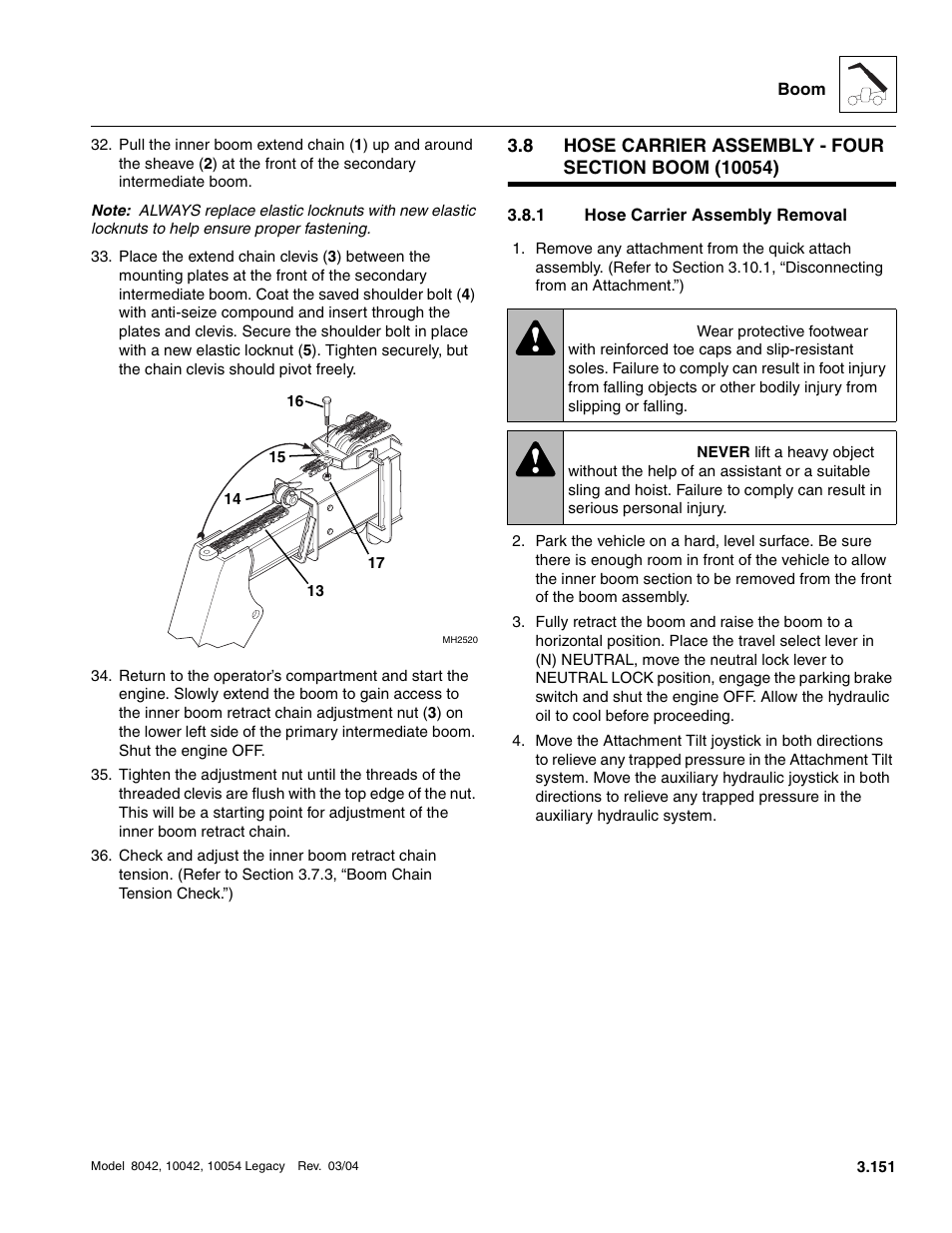 1 hose carrier assembly removal, Hose carrier assembly - four section boom (10054), Hose carrier assembly removal | Warning | SkyTrak 8042 Service Manual User Manual | Page 212 / 906