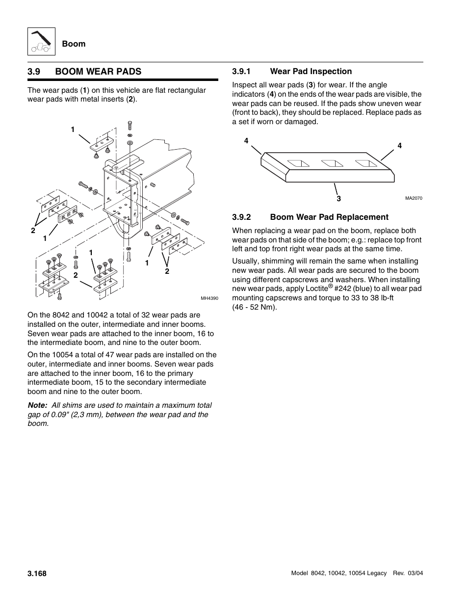 9 boom wear pads, 1 wear pad inspection, 2 boom wear pad replacement | Boom wear pads, Boom wear pads 3.9.1, Wear pad inspection, Boom wear pad replacement, Section, 1, “wear pad inspection, 1, “wear pad inspection.”) | SkyTrak 8042 Service Manual User Manual | Page 229 / 906
