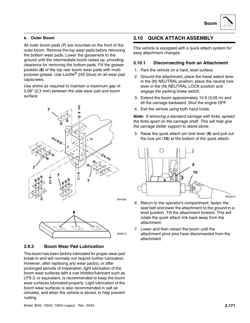 3 boom wear pad lubrication, 10 quick attach assembly, 1 disconnecting from an attachment | Quick attach assembly, Boom wear pad lubrication, Quick attach assembly 3.10.1, Disconnecting from an attachment, Section 3.10.1, “disconnecting from an attachment | SkyTrak 8042 Service Manual User Manual | Page 232 / 906