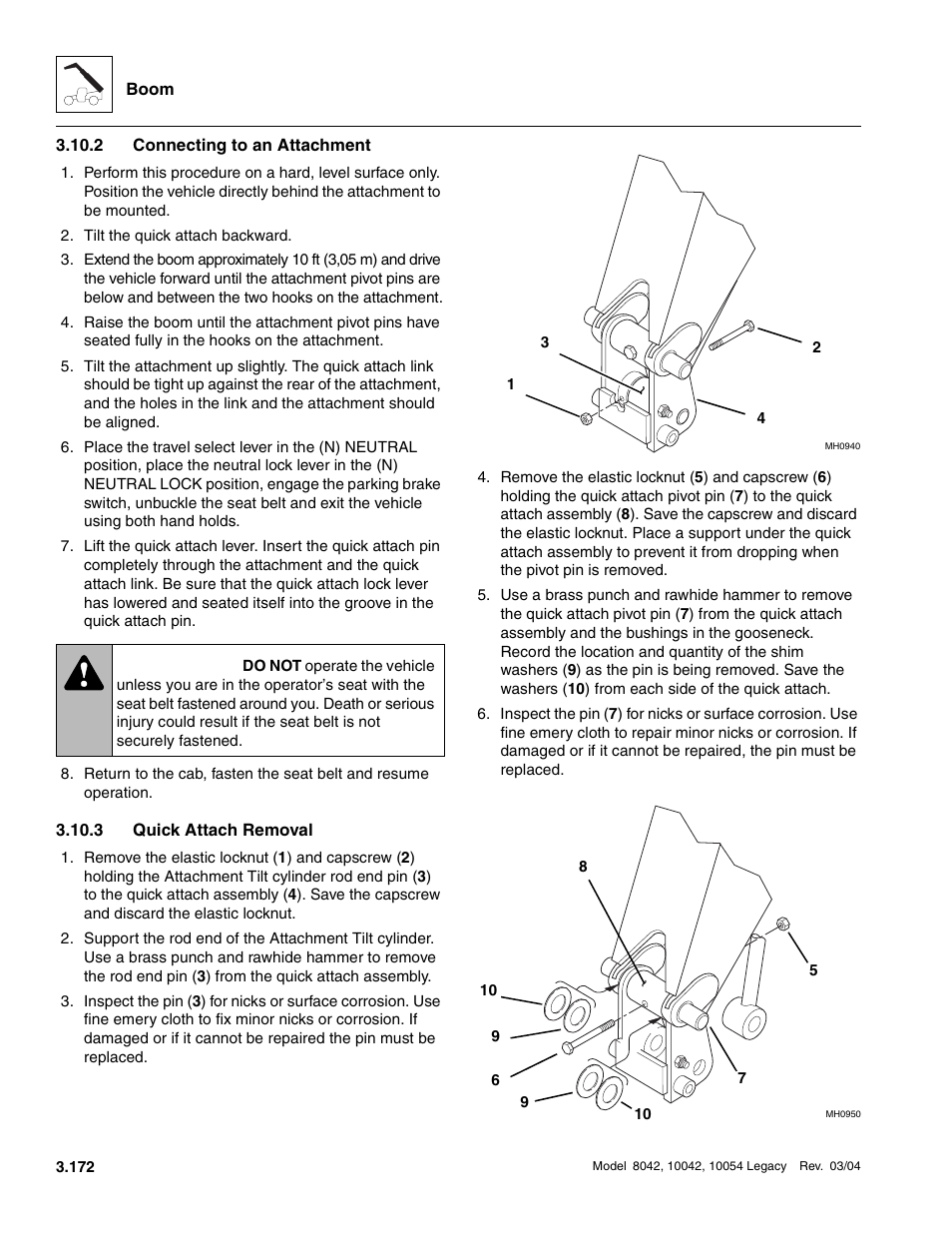 2 connecting to an attachment, 3 quick attach removal, Connecting to an attachment | Quick attach removal, Section 3.10.3, “quick attach removal, Warning | SkyTrak 8042 Service Manual User Manual | Page 233 / 906