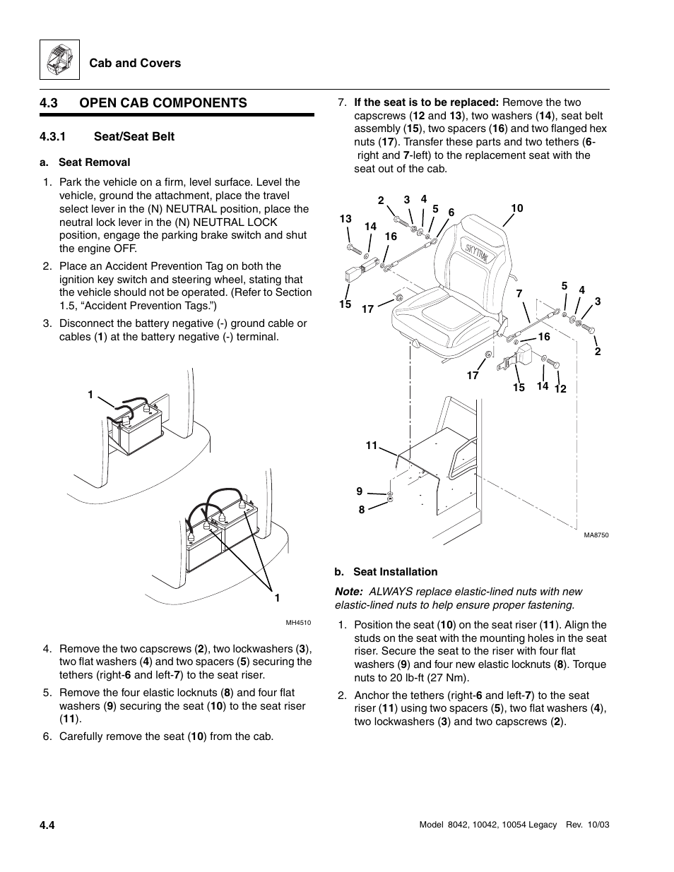 3 open cab components, 1 seat/seat belt, Open cab components | Seat/seat belt | SkyTrak 8042 Service Manual User Manual | Page 243 / 906