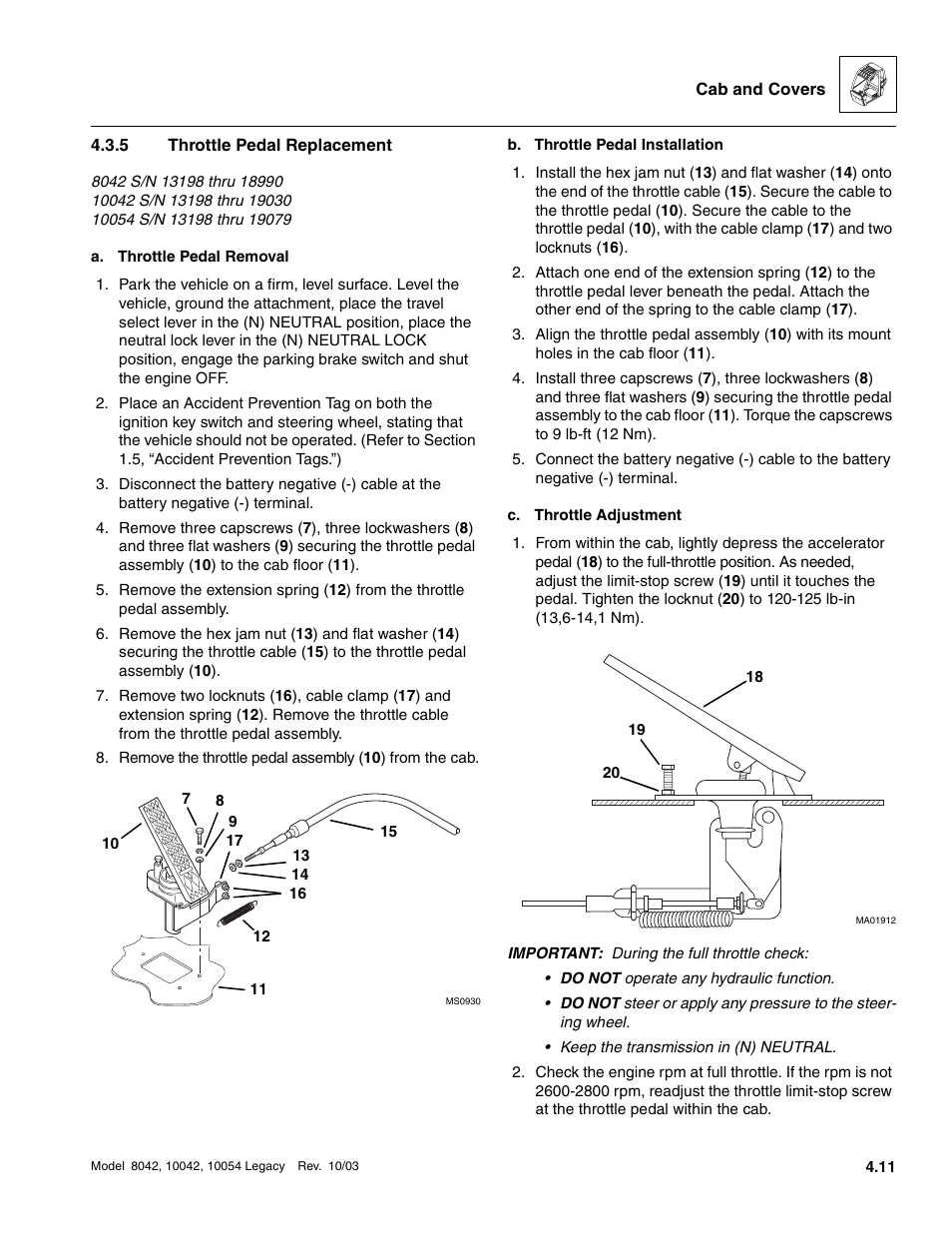 5 throttle pedal replacement, Throttle pedal replacement | SkyTrak 8042 Service Manual User Manual | Page 250 / 906