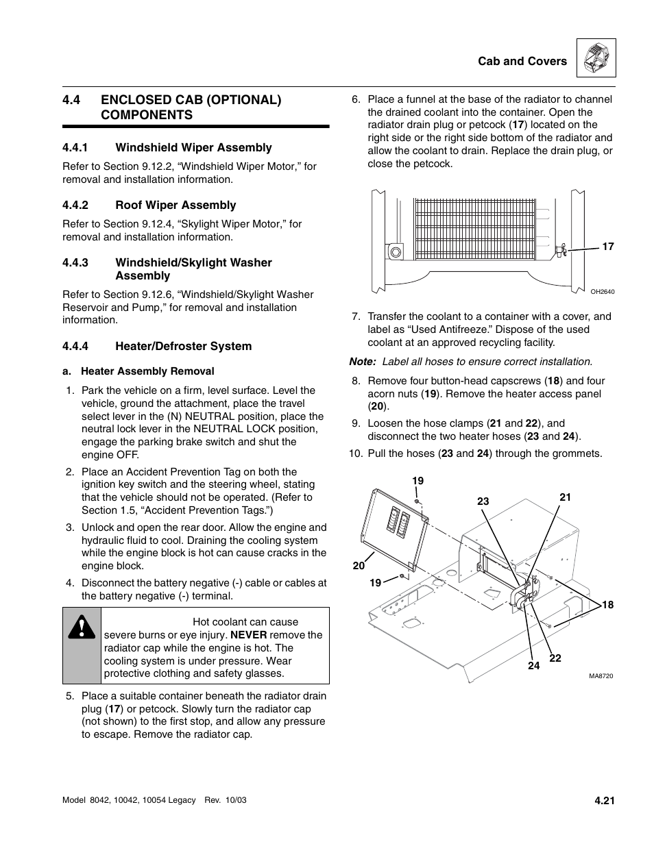 4 enclosed cab (optional) components, 1 windshield wiper assembly, 2 roof wiper assembly | 3 windshield/skylight washer assembly, 4 heater/defroster system, Enclosed cab (optional) components, Windshield wiper assembly, Roof wiper assembly, Windshield/skylight washer assembly, Heater/defroster system | SkyTrak 8042 Service Manual User Manual | Page 260 / 906