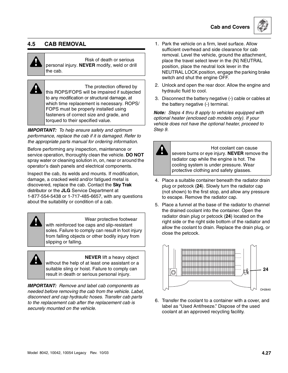 5 cab removal, Cab removal, Warning | SkyTrak 8042 Service Manual User Manual | Page 266 / 906