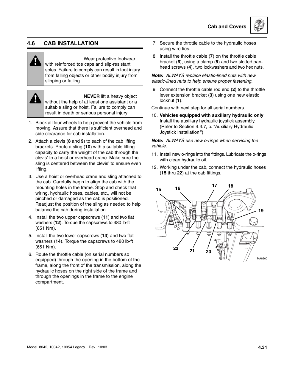 6 cab installation, Cab installation, Warning | SkyTrak 8042 Service Manual User Manual | Page 270 / 906