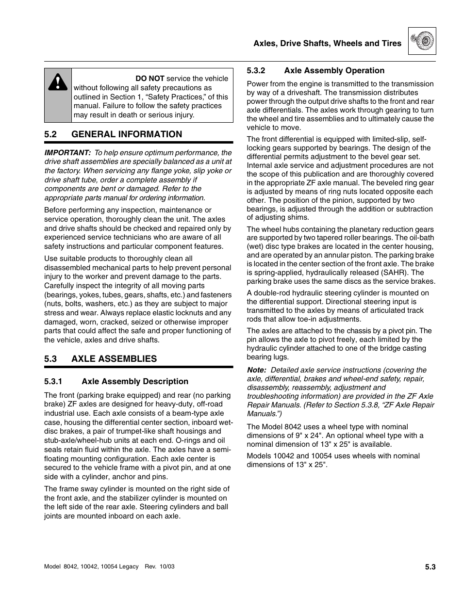 2 general information, 3 axle assemblies, 1 axle assembly description | 2 axle assembly operation, General information, Axle assemblies, Axle assembly description, Axle assembly operation, Warning | SkyTrak 8042 Service Manual User Manual | Page 276 / 906