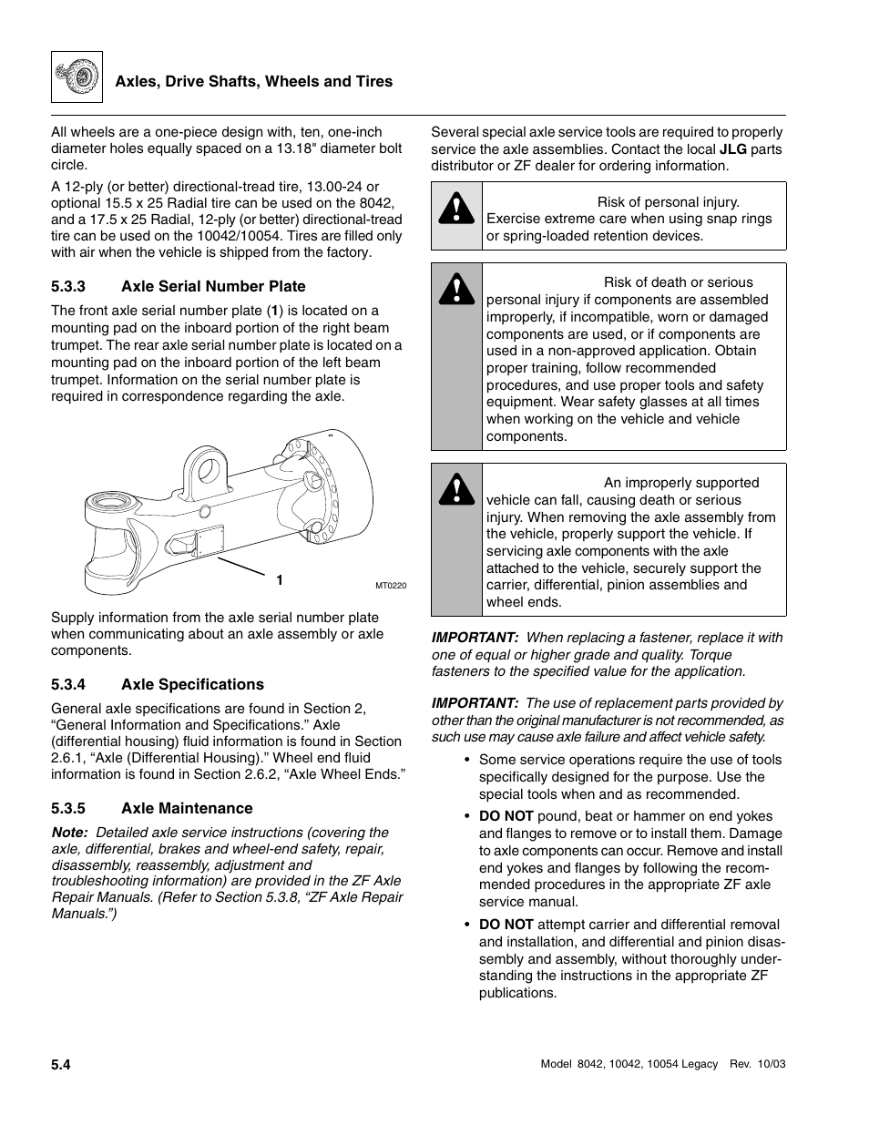 3 axle serial number plate, 4 axle specifications, 5 axle maintenance | Axle serial number plate, Axle specifications, Axle maintenance, Warning, Caution | SkyTrak 8042 Service Manual User Manual | Page 277 / 906